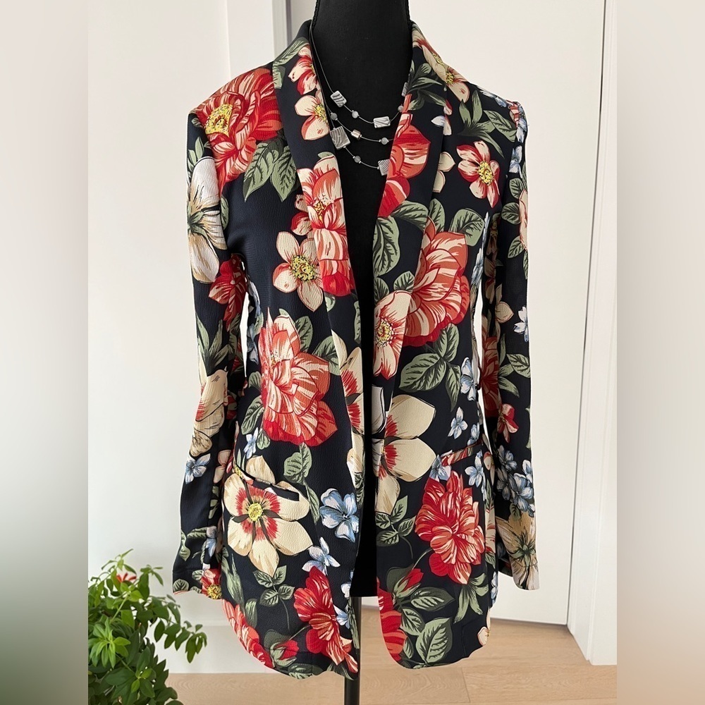 ZARA Basic Collection Floral Lightweight Open Front Jacket Lapels Office Brunch